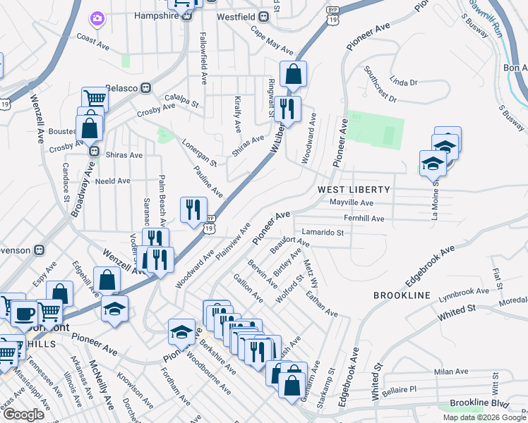 map of restaurants, bars, coffee shops, grocery stores, and more near 2123 Plainview Avenue in Pittsburgh