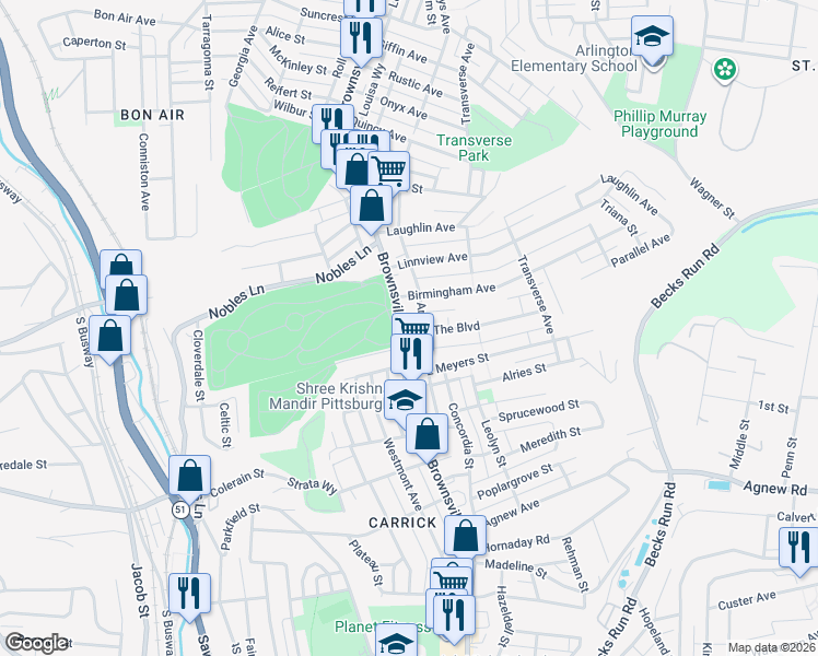 map of restaurants, bars, coffee shops, grocery stores, and more near 1503 Brownsville Road in Pittsburgh
