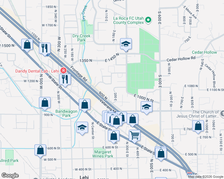 map of restaurants, bars, coffee shops, grocery stores, and more near 41 East 900 North in Lehi