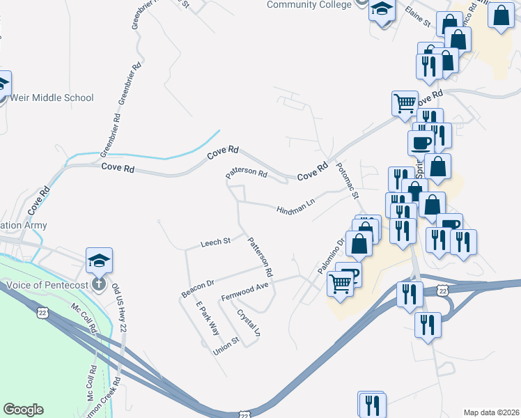 map of restaurants, bars, coffee shops, grocery stores, and more near 106 Hindman Ln in Weirton