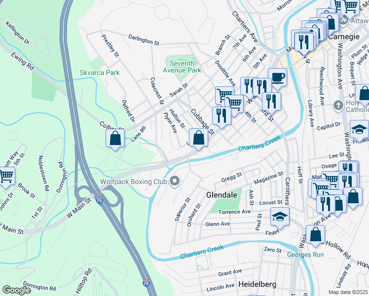 map of restaurants, bars, coffee shops, grocery stores, and more near 817 Logan Street in Carnegie