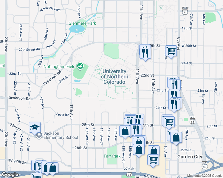 map of restaurants, bars, coffee shops, grocery stores, and more near in Greeley