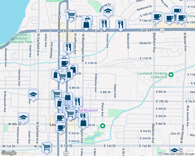 map of restaurants, bars, coffee shops, grocery stores, and more near 850 Monroe Avenue in Loveland
