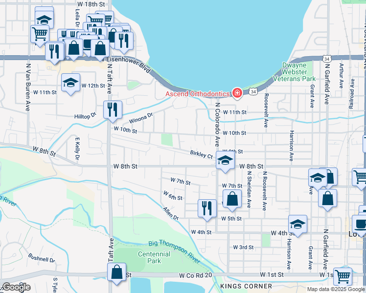 map of restaurants, bars, coffee shops, grocery stores, and more near 915 Cortez Court in Loveland