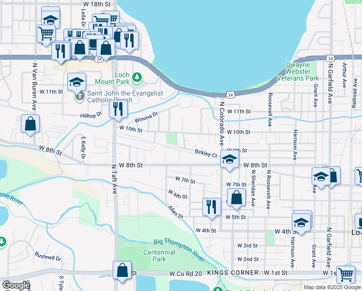 map of restaurants, bars, coffee shops, grocery stores, and more near 822 Duffield Court in Loveland