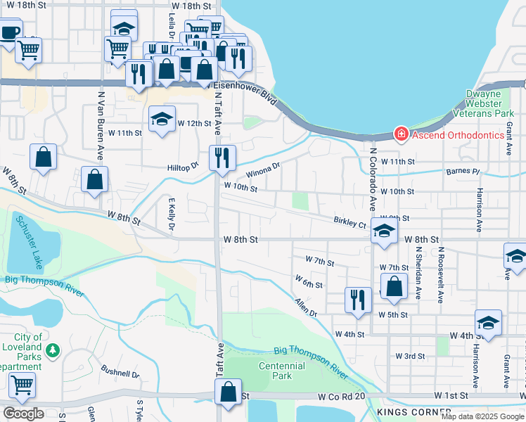 map of restaurants, bars, coffee shops, grocery stores, and more near 1126 Gard Place in Loveland