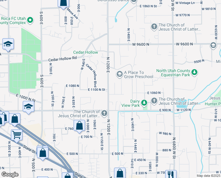 map of restaurants, bars, coffee shops, grocery stores, and more near 1233 East 1060 North in Lehi