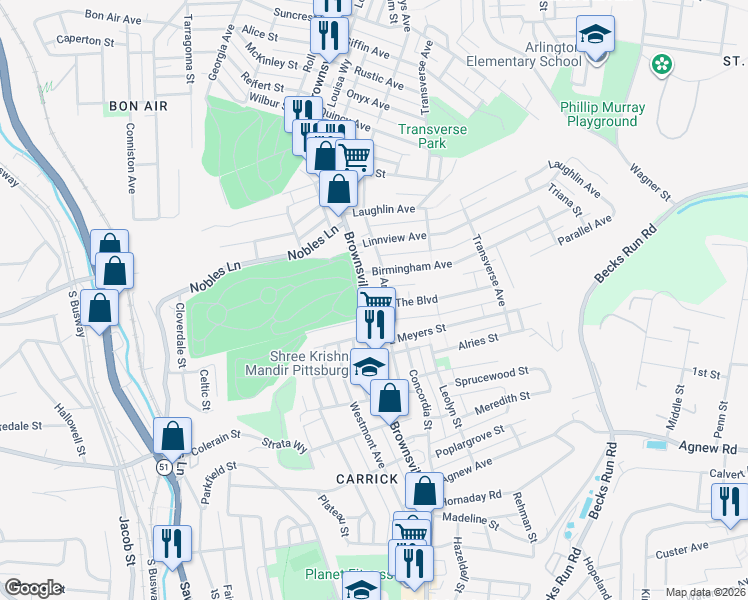 map of restaurants, bars, coffee shops, grocery stores, and more near 1503 Brownsville Road in Pittsburgh