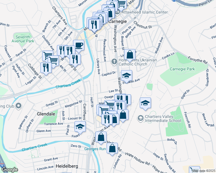 map of restaurants, bars, coffee shops, grocery stores, and more near 123 Lee Street in Carnegie