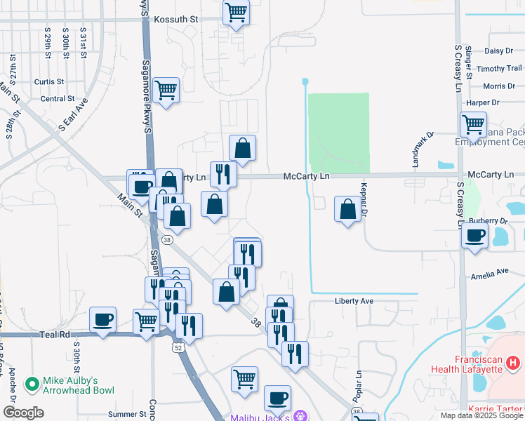 map of restaurants, bars, coffee shops, grocery stores, and more near 3545 McCarty Lane in Lafayette