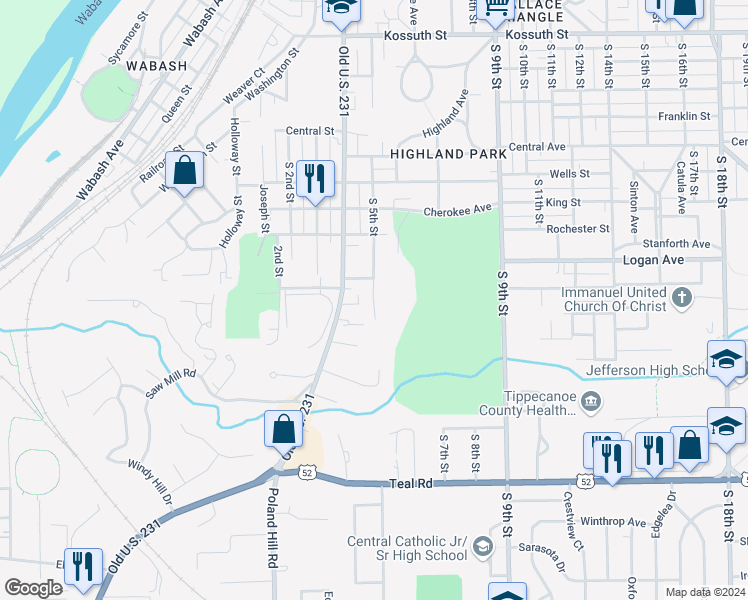 map of restaurants, bars, coffee shops, grocery stores, and more near 1614 South 5th Street in Lafayette