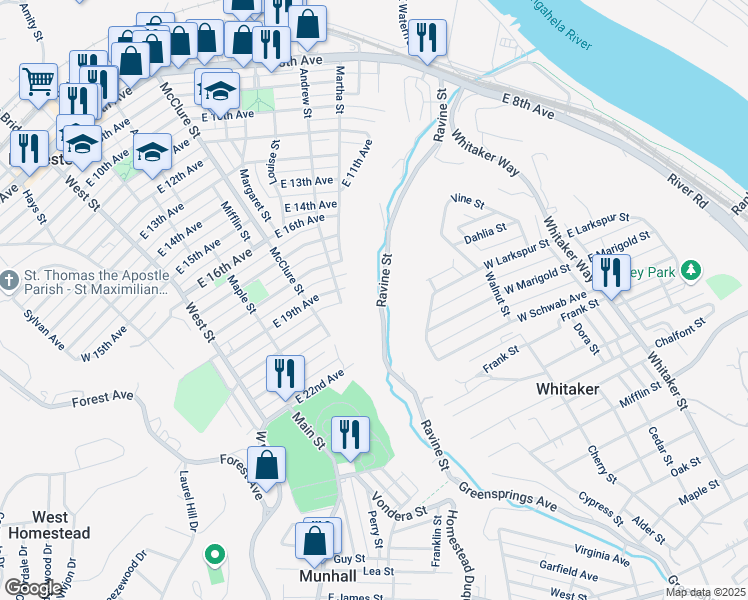map of restaurants, bars, coffee shops, grocery stores, and more near 1221 Coal Road in Munhall