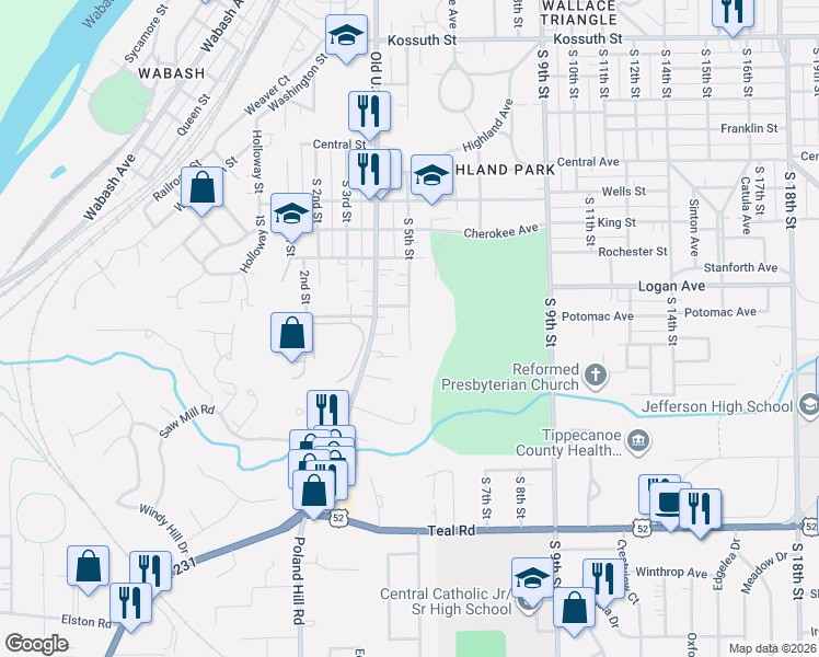 map of restaurants, bars, coffee shops, grocery stores, and more near 1614 South 5th Street in Lafayette