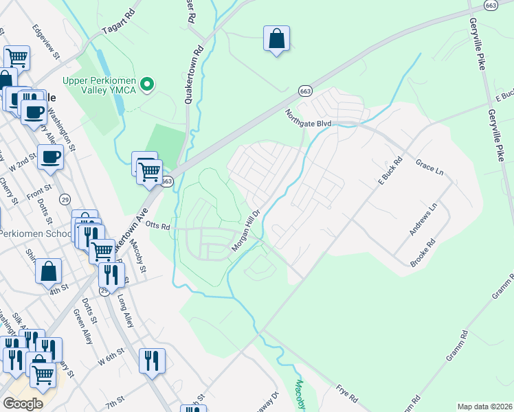 map of restaurants, bars, coffee shops, grocery stores, and more near 2016 Hidden Meadows Avenue in Pennsburg