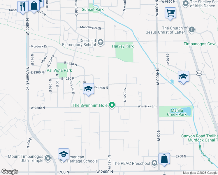 map of restaurants, bars, coffee shops, grocery stores, and more near 3518 North 1450 West in Pleasant Grove