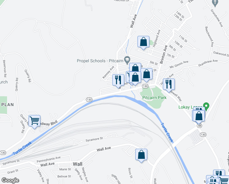 map of restaurants, bars, coffee shops, grocery stores, and more near 352 Broadway Boulevard in Pitcairn