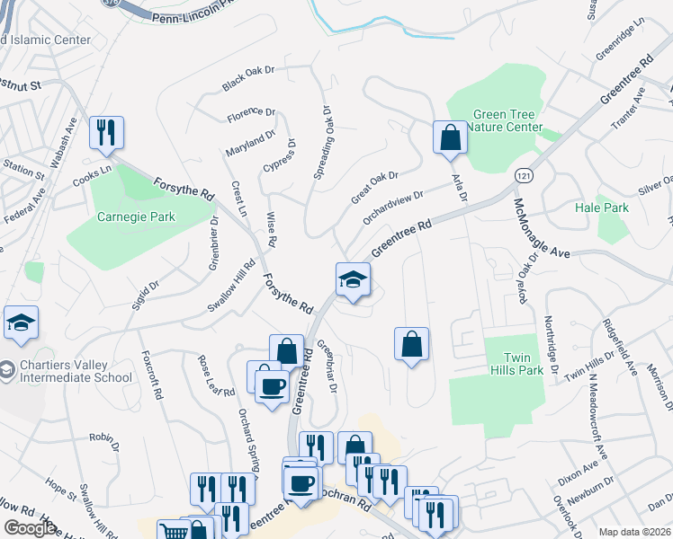 map of restaurants, bars, coffee shops, grocery stores, and more near 1618 Greentree Road in Pittsburgh