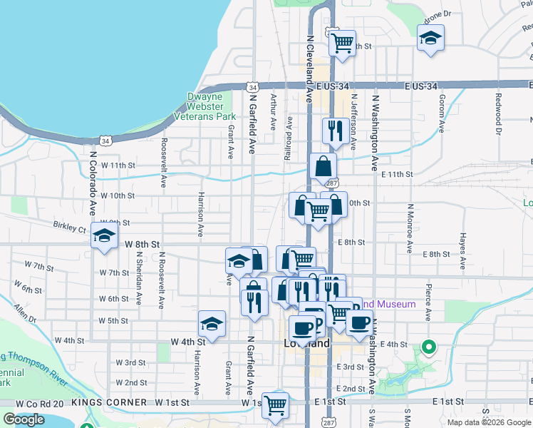 map of restaurants, bars, coffee shops, grocery stores, and more near 912 North Garfield Avenue in Loveland