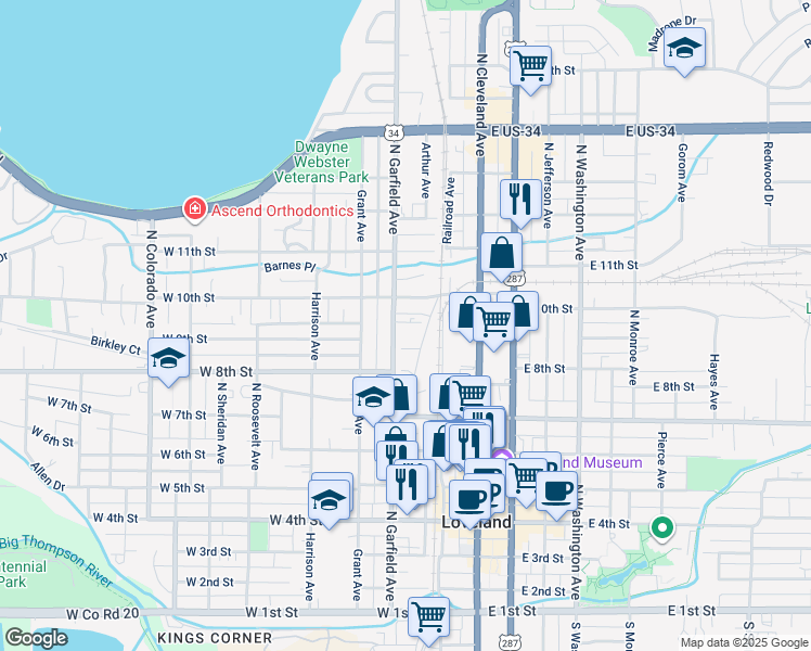 map of restaurants, bars, coffee shops, grocery stores, and more near 906 North Garfield Avenue in Loveland
