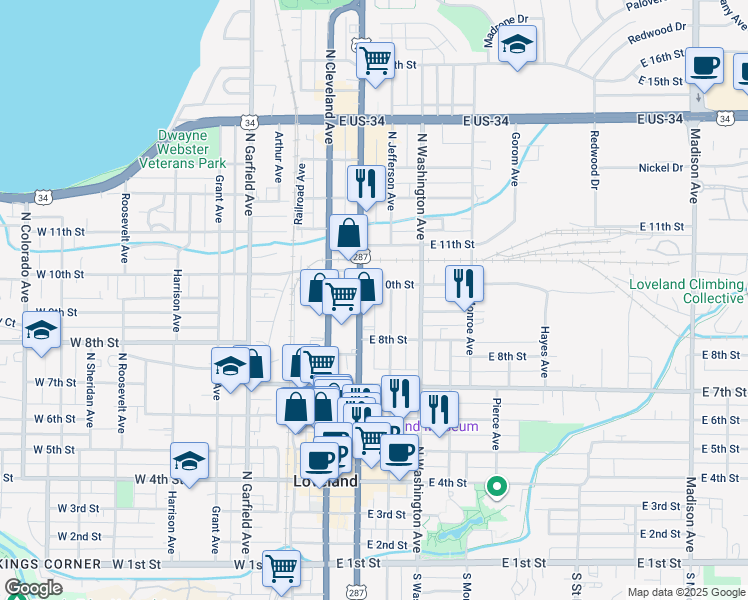 map of restaurants, bars, coffee shops, grocery stores, and more near 845 North Jefferson Avenue in Loveland