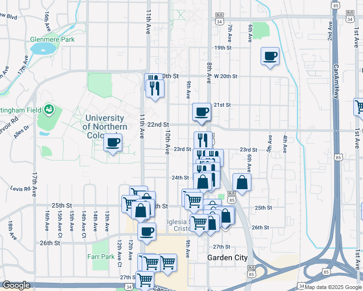 map of restaurants, bars, coffee shops, grocery stores, and more near 2315 9th Avenue in Greeley
