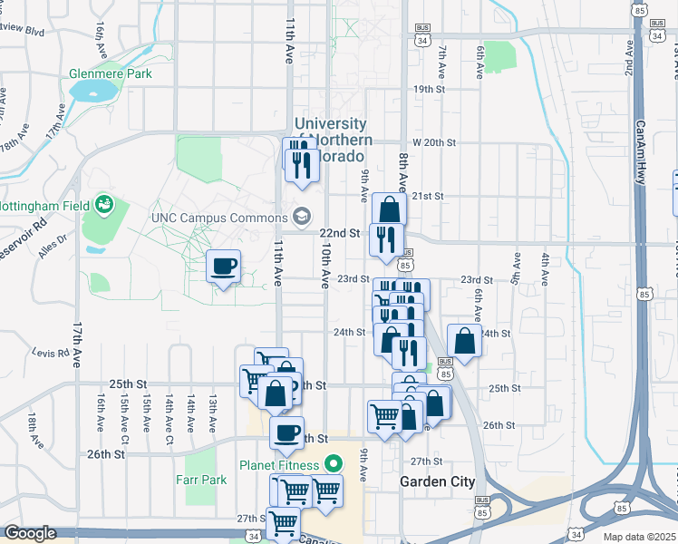 map of restaurants, bars, coffee shops, grocery stores, and more near 2315 9th Avenue in Greeley