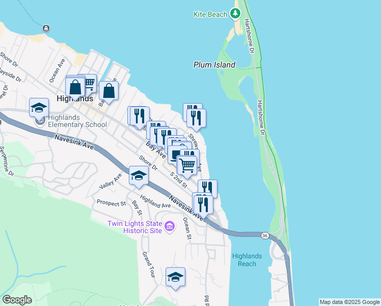 map of restaurants, bars, coffee shops, grocery stores, and more near 30 Jackson Street in Highlands