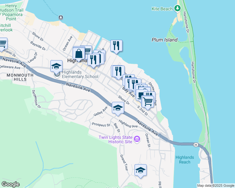 map of restaurants, bars, coffee shops, grocery stores, and more near 113 Shore Drive in Highlands