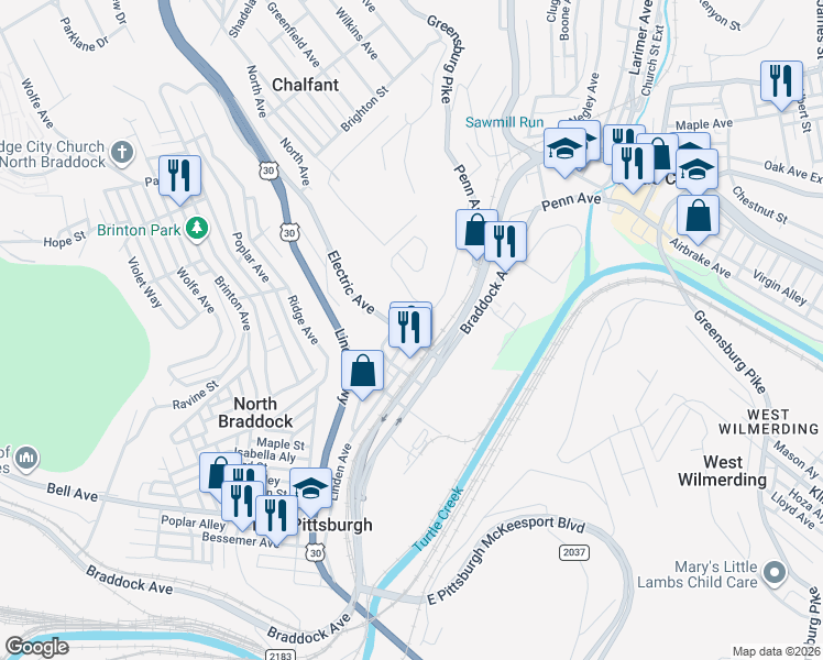 map of restaurants, bars, coffee shops, grocery stores, and more near 836 East Pittsburgh Mall in East Pittsburgh