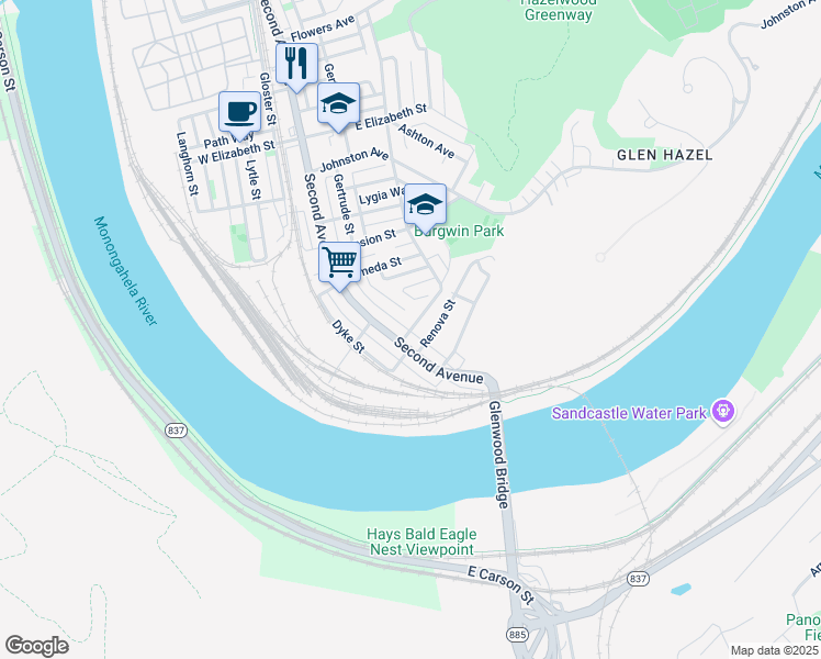 map of restaurants, bars, coffee shops, grocery stores, and more near 5532 Second Avenue in Pittsburgh