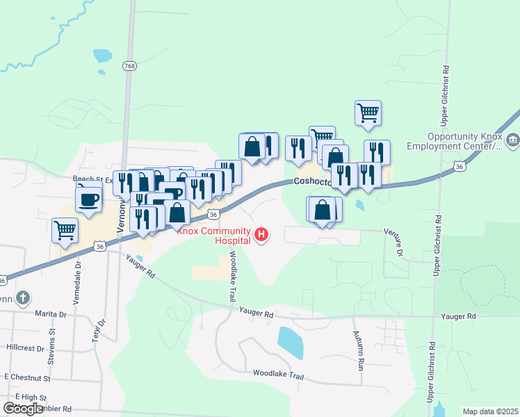 map of restaurants, bars, coffee shops, grocery stores, and more near 1100 U.S. 36 in Mount Vernon
