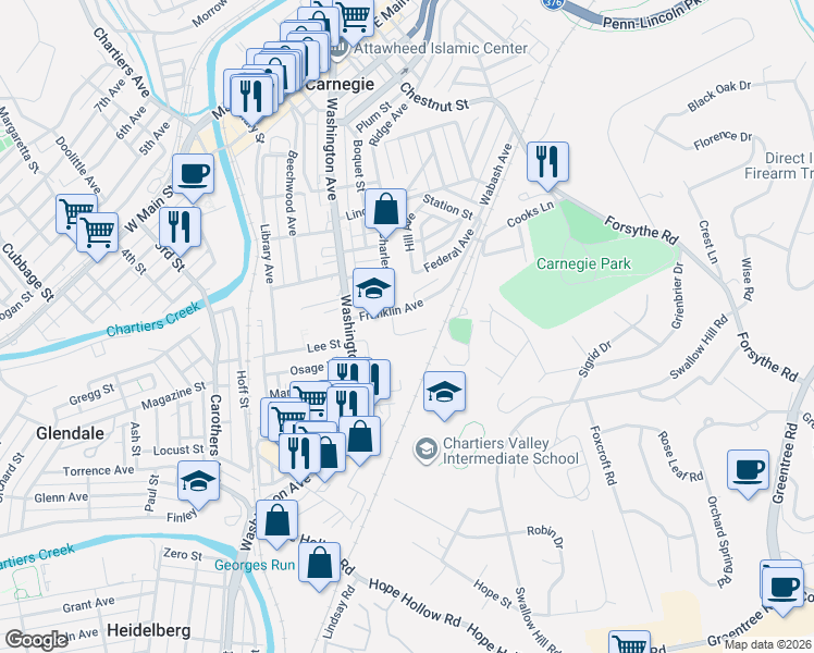 map of restaurants, bars, coffee shops, grocery stores, and more near 1 Lee Street in Carnegie