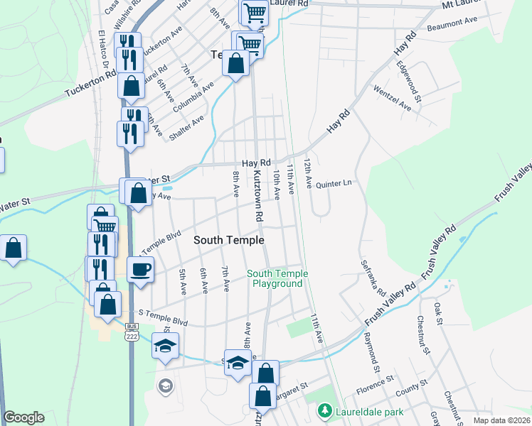map of restaurants, bars, coffee shops, grocery stores, and more near 4311 Kutztown Road in Temple