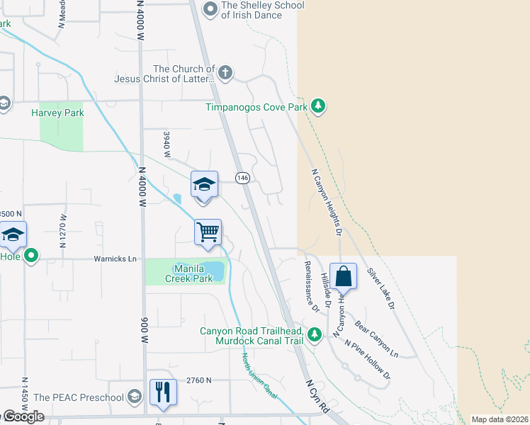 map of restaurants, bars, coffee shops, grocery stores, and more near 9314 Canyon Road in Cedar Hills