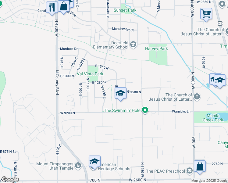 map of restaurants, bars, coffee shops, grocery stores, and more near 1221 North 1270 East in American Fork