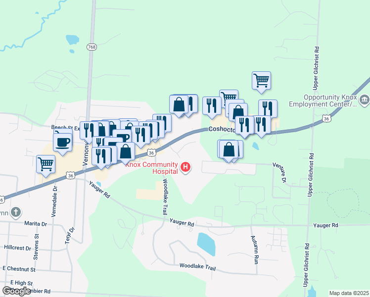 map of restaurants, bars, coffee shops, grocery stores, and more near 1100 Coshocton Road in Mount Vernon