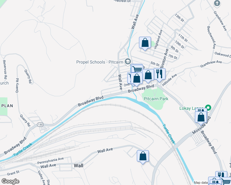 map of restaurants, bars, coffee shops, grocery stores, and more near 352 Broadway Boulevard in Pitcairn