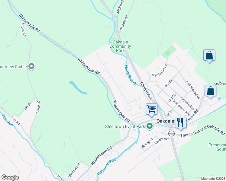 map of restaurants, bars, coffee shops, grocery stores, and more near 402 Whittengale Road in Oakdale