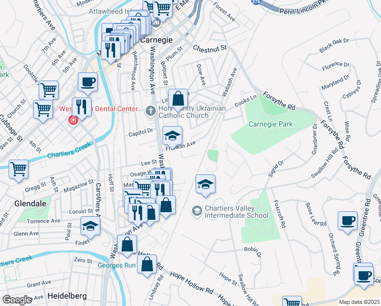 map of restaurants, bars, coffee shops, grocery stores, and more near 1 Lee Street in Carnegie