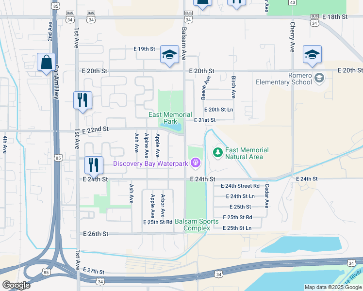 map of restaurants, bars, coffee shops, grocery stores, and more near 2225 Balsam Avenue in Greeley