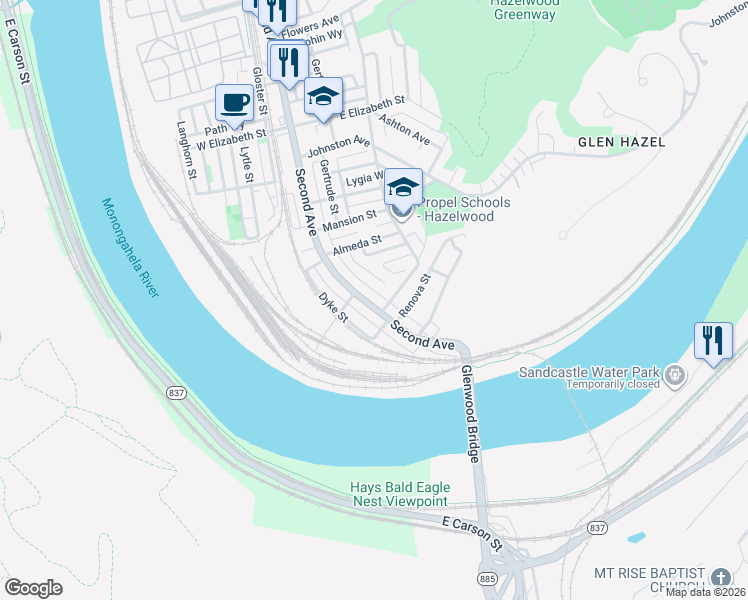 map of restaurants, bars, coffee shops, grocery stores, and more near 5532 Second Avenue in Pittsburgh