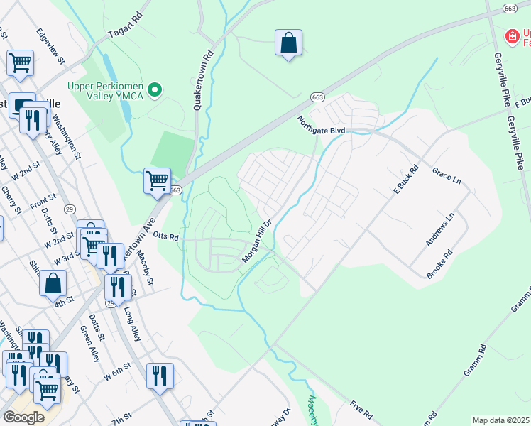 map of restaurants, bars, coffee shops, grocery stores, and more near 2017 Hidden Meadows Avenue in Pennsburg