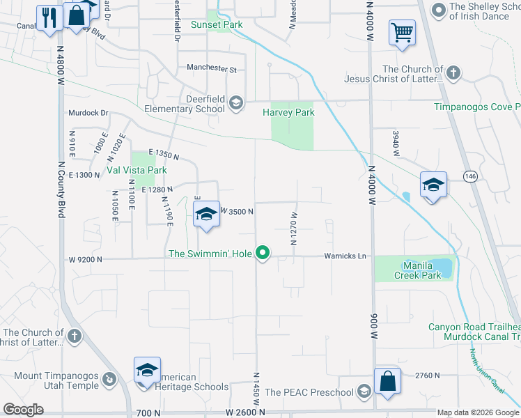 map of restaurants, bars, coffee shops, grocery stores, and more near 3518 North 1450 West in Pleasant Grove