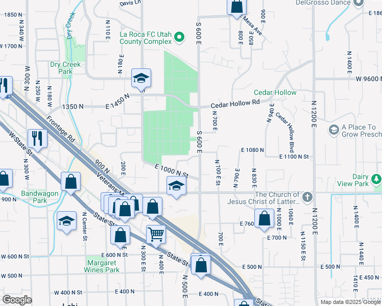 map of restaurants, bars, coffee shops, grocery stores, and more near 1065 North 600 East Street in Lehi
