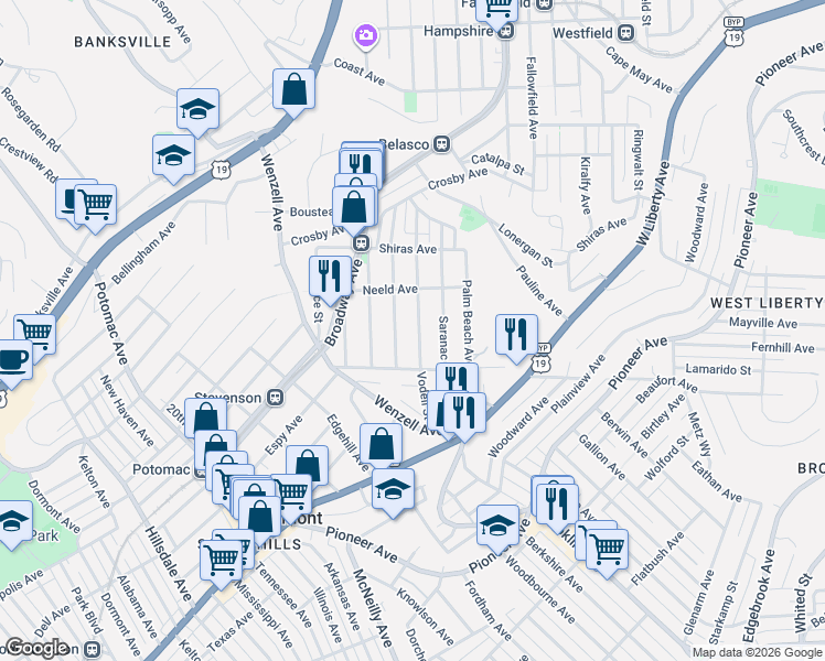 map of restaurants, bars, coffee shops, grocery stores, and more near 2361 Vodeli Street in Pittsburgh