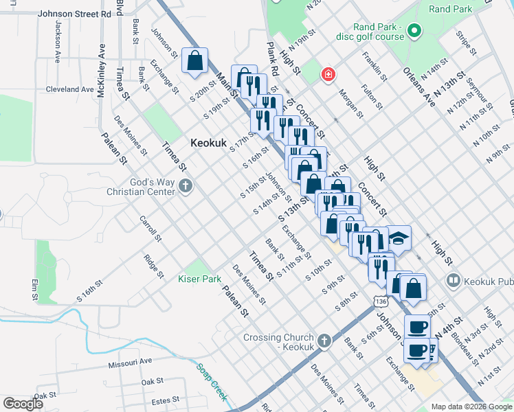 map of restaurants, bars, coffee shops, grocery stores, and more near 1327 Bank St in Keokuk