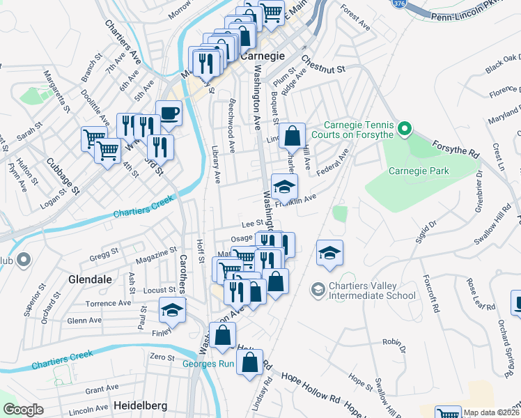 map of restaurants, bars, coffee shops, grocery stores, and more near 834 Washington Avenue in Carnegie