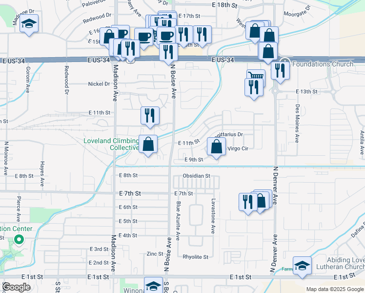 map of restaurants, bars, coffee shops, grocery stores, and more near 1738 East 11th Street in Loveland
