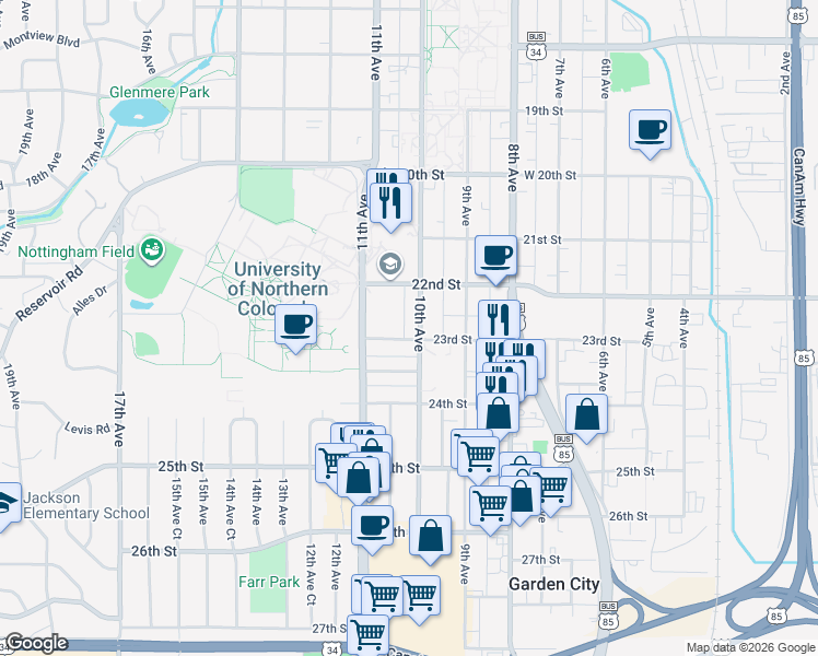 map of restaurants, bars, coffee shops, grocery stores, and more near 1016 23rd Street in Greeley