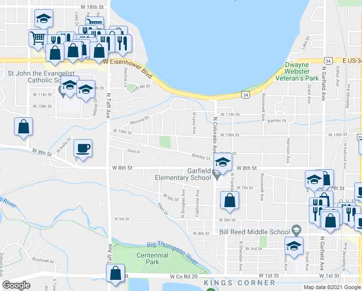 map of restaurants, bars, coffee shops, grocery stores, and more near 915 Cortez Court in Loveland